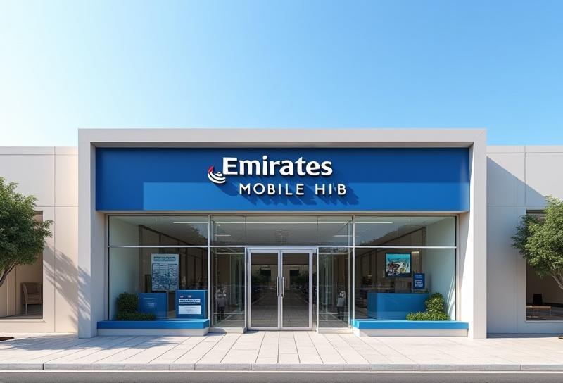Exterior view of Emirates Mobile Hub store on Sheikh Zayed Road, Dubai