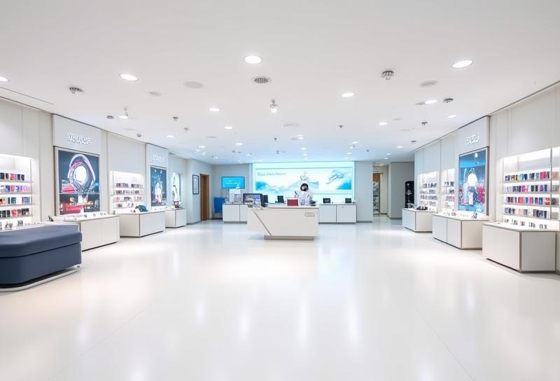 Clean and modern interior view of the Emirates Mobile Hub store in Dubai