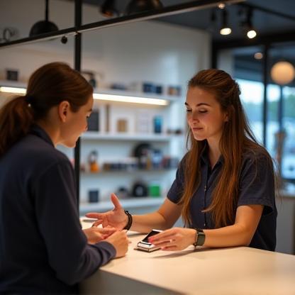 Person receiving consultation from staff at a counter