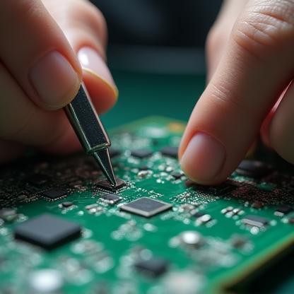 Person repairing a smartphone circuit board with tools